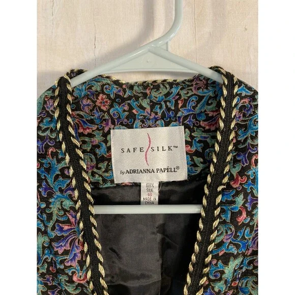 Vintage 100% Silk Brocade‎ Womens Sz 16 Floral Jacket Shoulder Pads SafeSilk - Picture 4 of 7